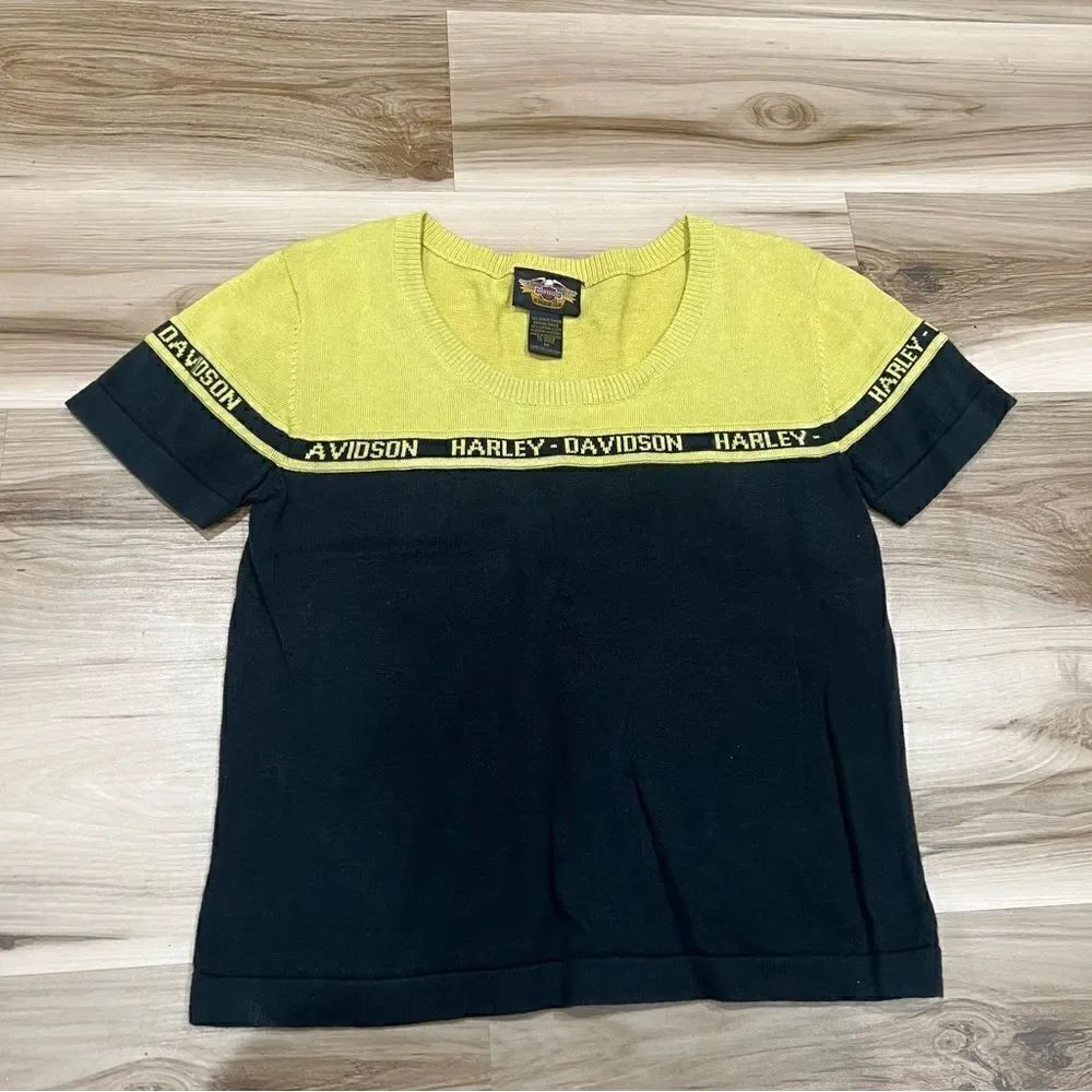 Vintage Harley Davidson Yellow and Black Knit Short Sleeve Top Women’s Medium